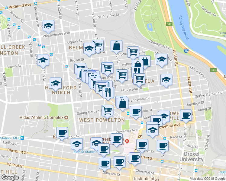 map of restaurants, bars, coffee shops, grocery stores, and more near 3941 Mount Vernon Street in Philadelphia