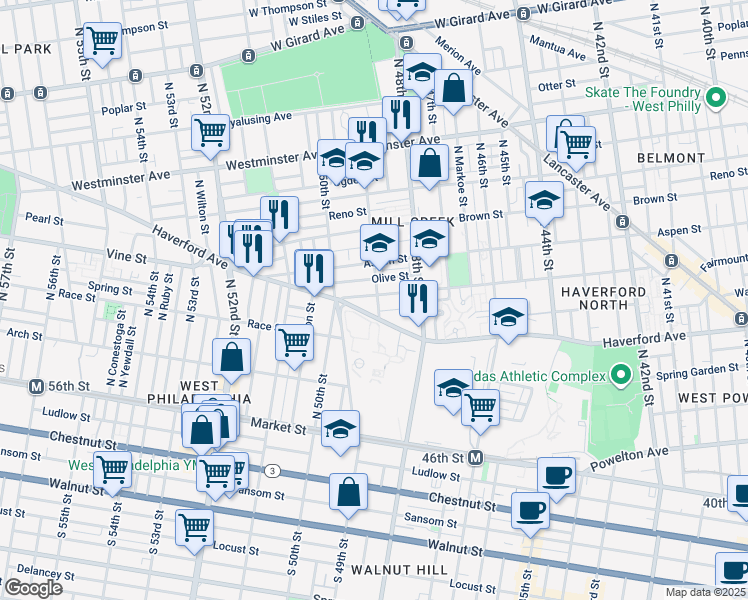 map of restaurants, bars, coffee shops, grocery stores, and more near 4900 Fairmount Avenue in Philadelphia