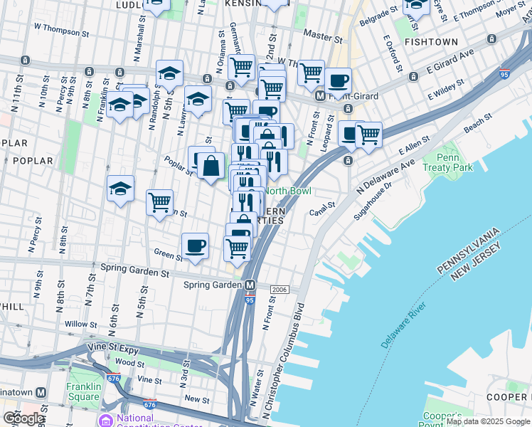map of restaurants, bars, coffee shops, grocery stores, and more near 908 New Market Street in Philadelphia