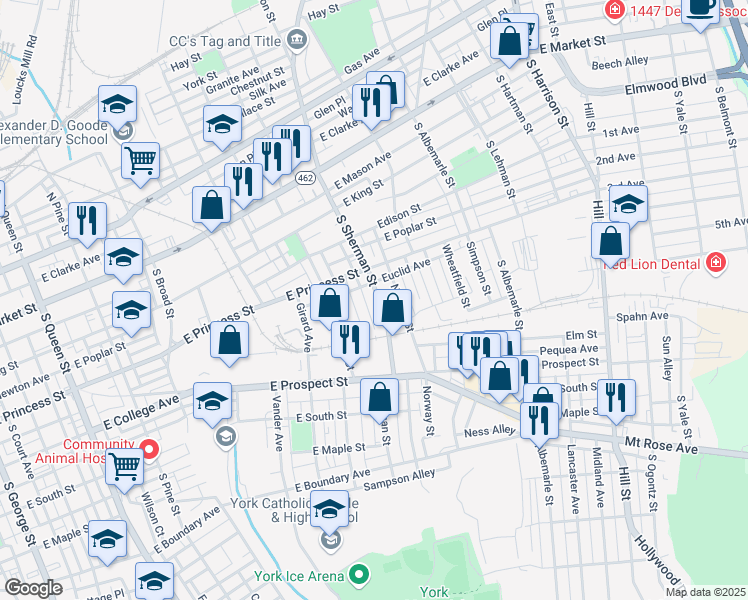 map of restaurants, bars, coffee shops, grocery stores, and more near 338 South Sherman Street in York