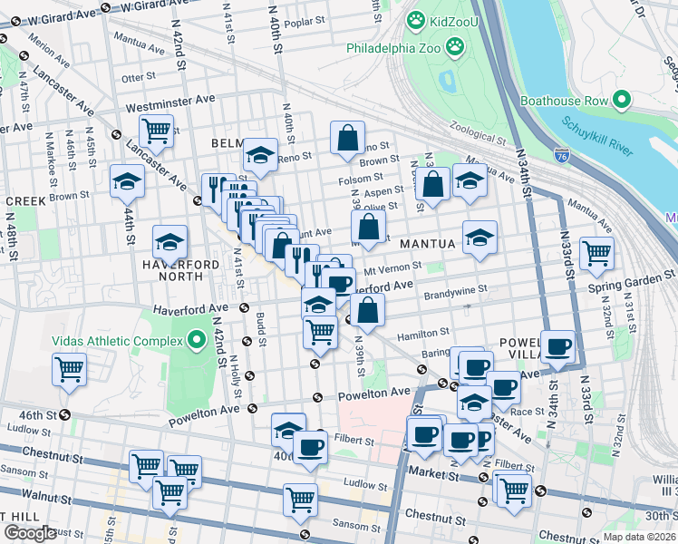 map of restaurants, bars, coffee shops, grocery stores, and more near 3921 Wallace Street in Philadelphia
