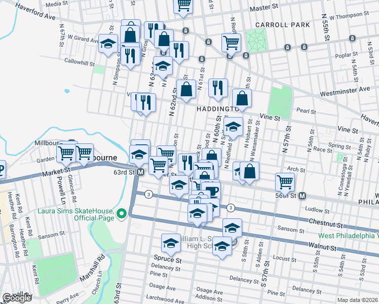 map of restaurants, bars, coffee shops, grocery stores, and more near North 61st Street & Arch Street in Philadelphia