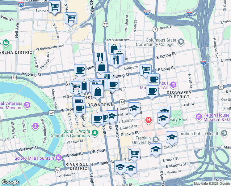 map of restaurants, bars, coffee shops, grocery stores, and more near in Columbus