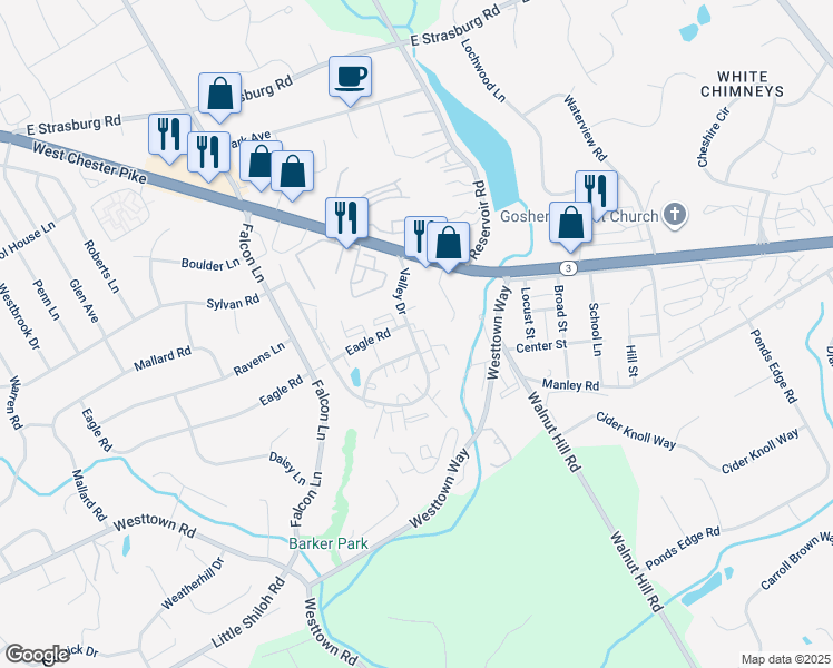 map of restaurants, bars, coffee shops, grocery stores, and more near 521 Valley Drive in West Chester