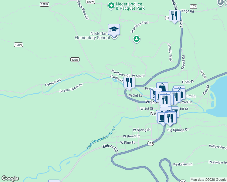 map of restaurants, bars, coffee shops, grocery stores, and more near 750 West 5th Street in Nederland