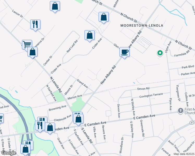 map of restaurants, bars, coffee shops, grocery stores, and more near 312 Andrews Lane in Moorestown