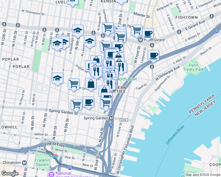 map of restaurants, bars, coffee shops, grocery stores, and more near 841 North 2nd Street in Philadelphia