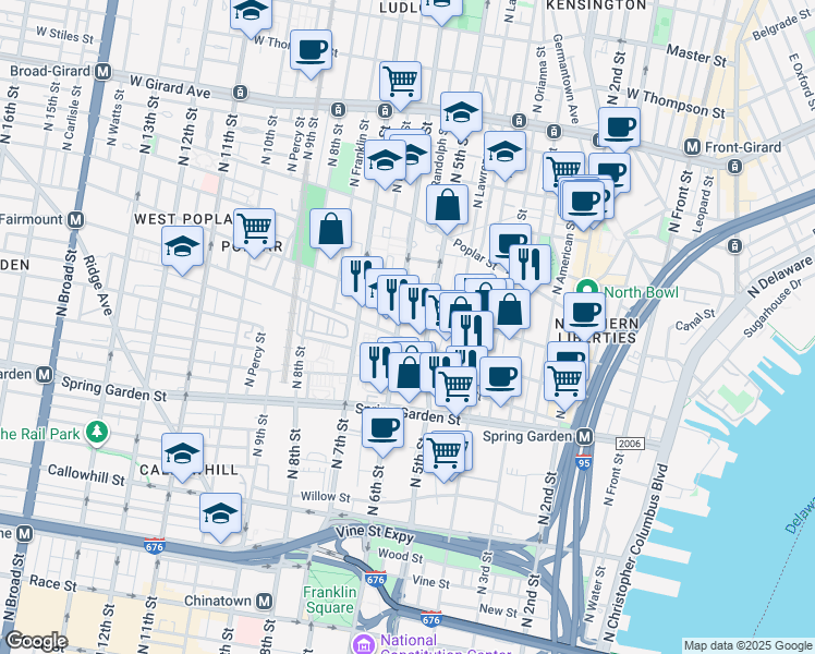 map of restaurants, bars, coffee shops, grocery stores, and more near in Philadelphia
