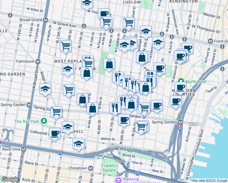 map of restaurants, bars, coffee shops, grocery stores, and more near 721 Melon Terrace in Philadelphia