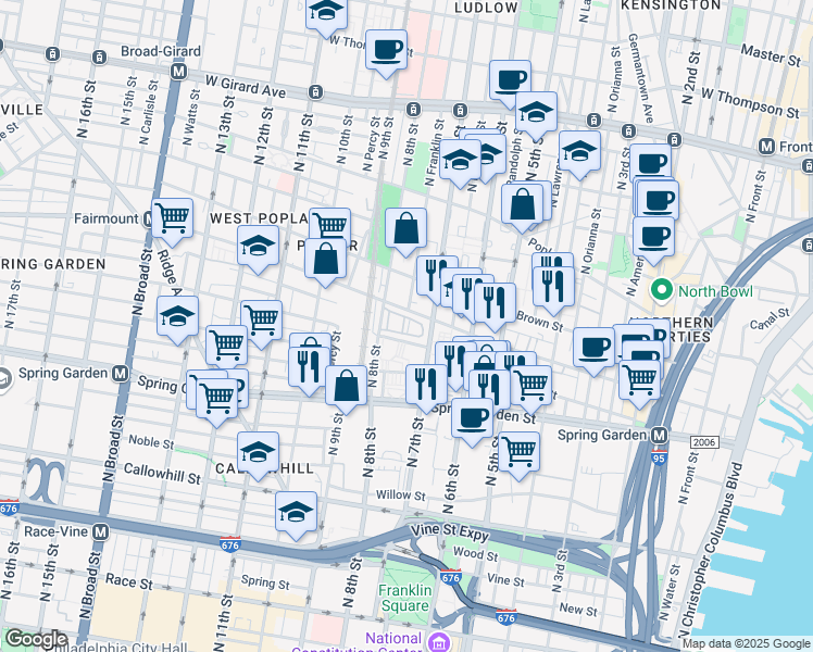 map of restaurants, bars, coffee shops, grocery stores, and more near 705-09 Franklin Place in Philadelphia