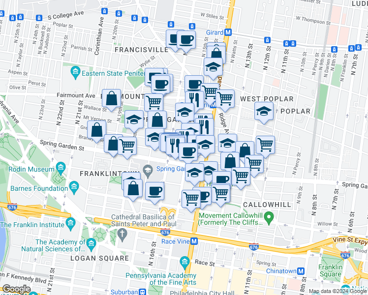 map of restaurants, bars, coffee shops, grocery stores, and more near 1520 Mount Vernon Street in Philadelphia