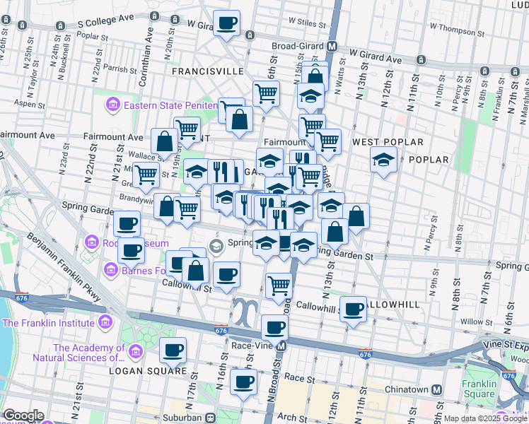 map of restaurants, bars, coffee shops, grocery stores, and more near 1520 Mount Vernon Street in Philadelphia