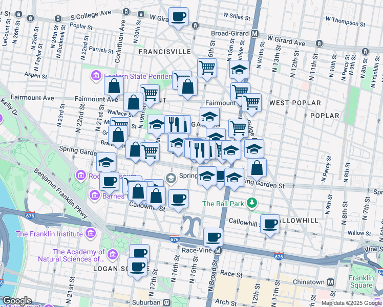 map of restaurants, bars, coffee shops, grocery stores, and more near 1619 Mount Vernon Street in Philadelphia
