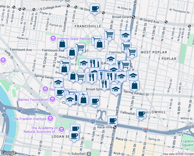 map of restaurants, bars, coffee shops, grocery stores, and more near 1619 Mount Vernon Street in Philadelphia