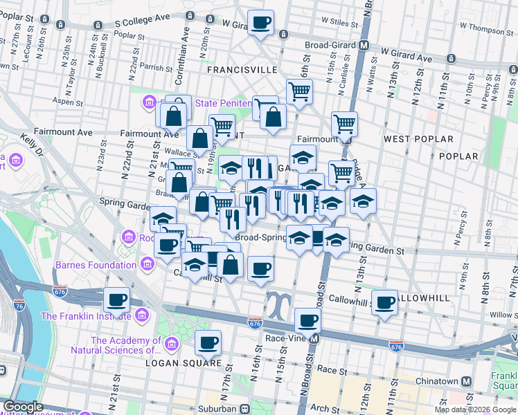map of restaurants, bars, coffee shops, grocery stores, and more near 1705 Green Street in Philadelphia