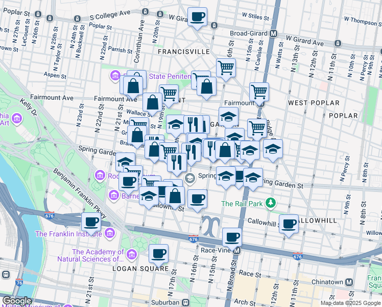 map of restaurants, bars, coffee shops, grocery stores, and more near 1705 Green Street in Philadelphia