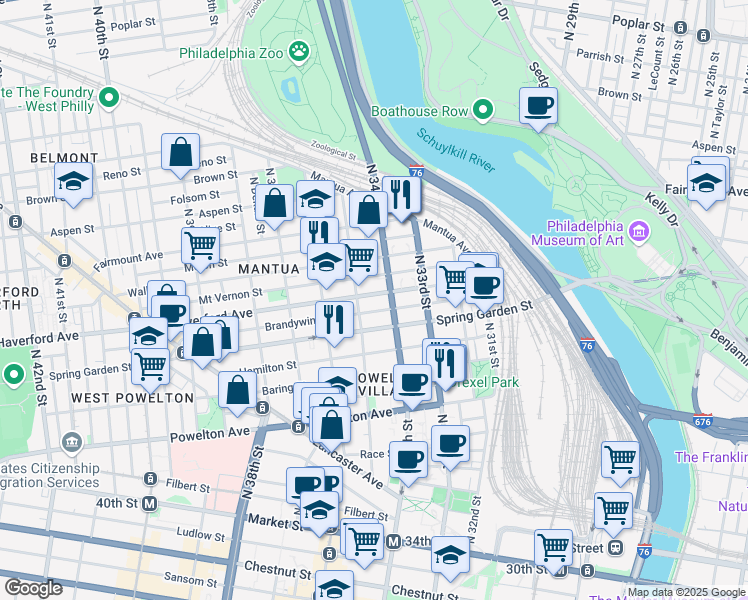 map of restaurants, bars, coffee shops, grocery stores, and more near in Philadelphia