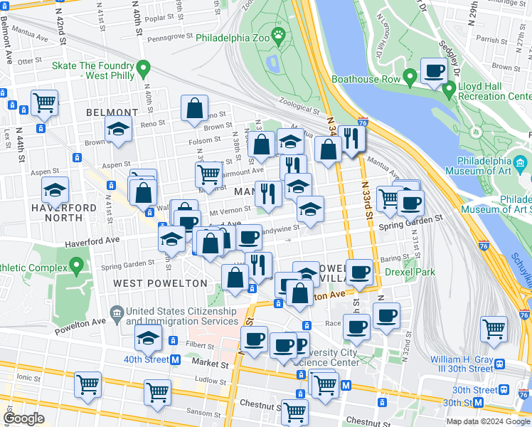 map of restaurants, bars, coffee shops, grocery stores, and more near in Philadelphia