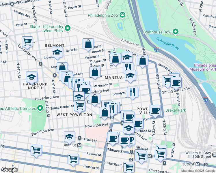 map of restaurants, bars, coffee shops, grocery stores, and more near 3824 Mount Vernon Street in Philadelphia