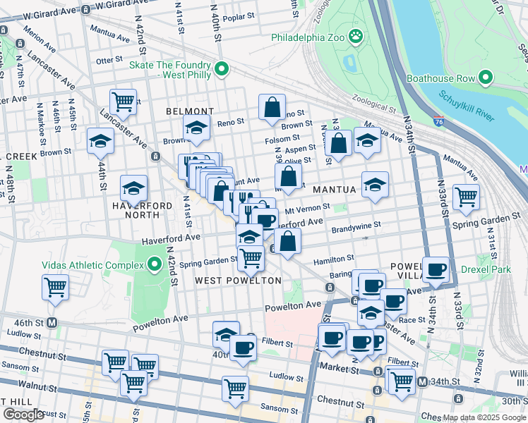 map of restaurants, bars, coffee shops, grocery stores, and more near 3941 Mount Vernon Street in Philadelphia