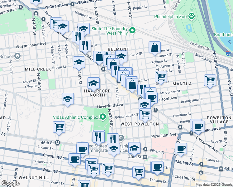 map of restaurants, bars, coffee shops, grocery stores, and more near 4085 Warren Street in Philadelphia