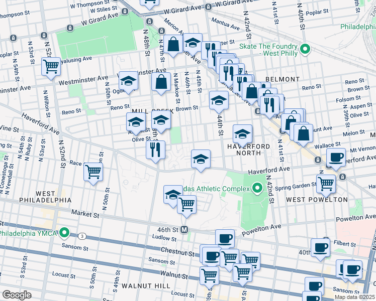 map of restaurants, bars, coffee shops, grocery stores, and more near 701A North 46th Street in Philadelphia