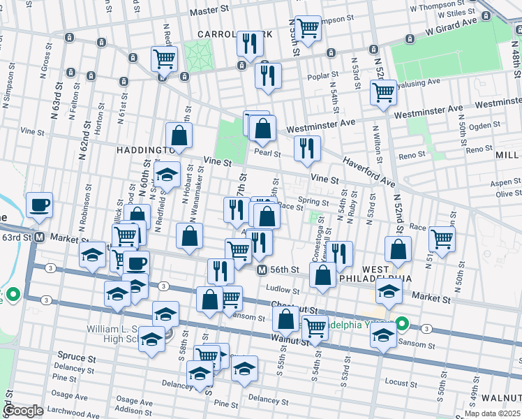 map of restaurants, bars, coffee shops, grocery stores, and more near 218 North 56th Street in Philadelphia