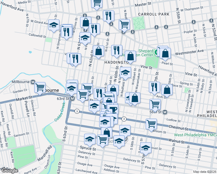 map of restaurants, bars, coffee shops, grocery stores, and more near 134 North Millick Street in Philadelphia