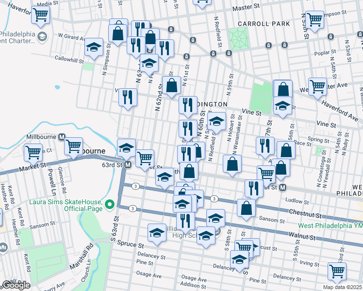 map of restaurants, bars, coffee shops, grocery stores, and more near 134 North Millick Street in Philadelphia