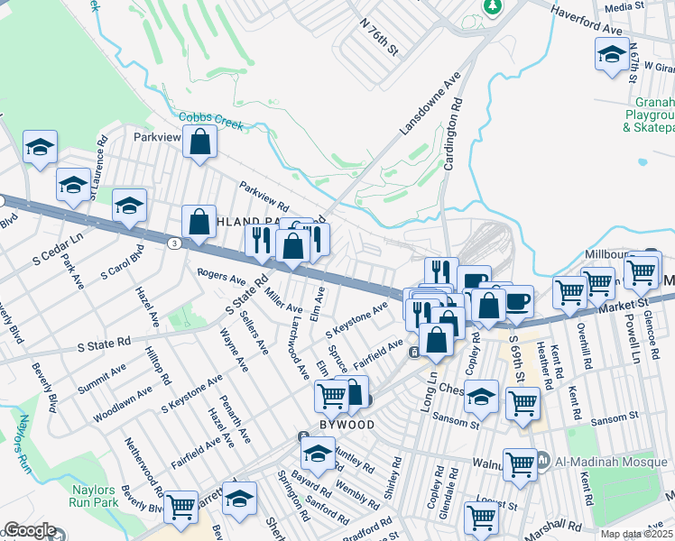 map of restaurants, bars, coffee shops, grocery stores, and more near 45 Golf Road in Delaware County