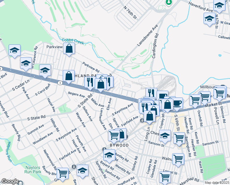 map of restaurants, bars, coffee shops, grocery stores, and more near 45 Golf Road in Delaware County