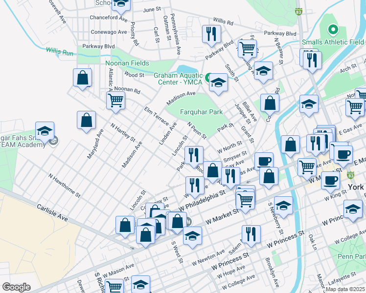 map of restaurants, bars, coffee shops, grocery stores, and more near 438 Lincoln Street in York