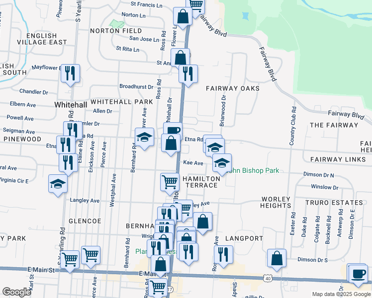 map of restaurants, bars, coffee shops, grocery stores, and more near 526 South Hamilton Road in Columbus