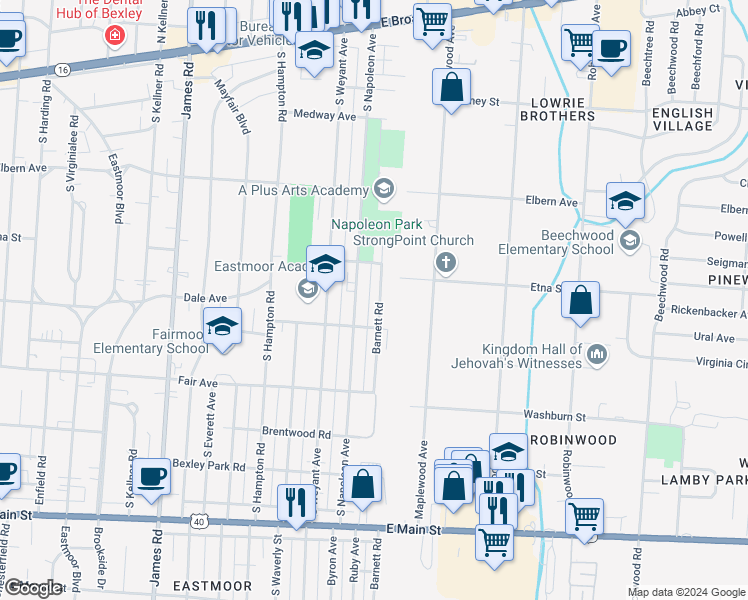 map of restaurants, bars, coffee shops, grocery stores, and more near 396 Barnett Road in Columbus