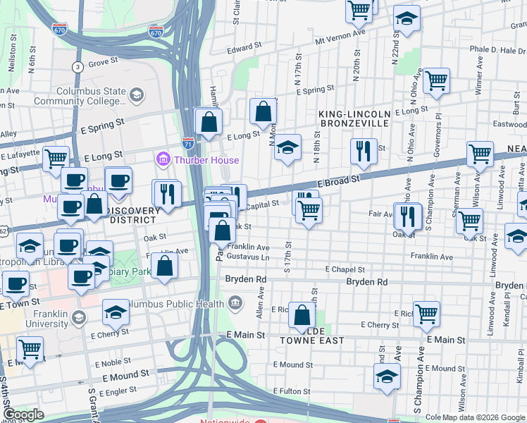 map of restaurants, bars, coffee shops, grocery stores, and more near 825 East Broad Street in Columbus