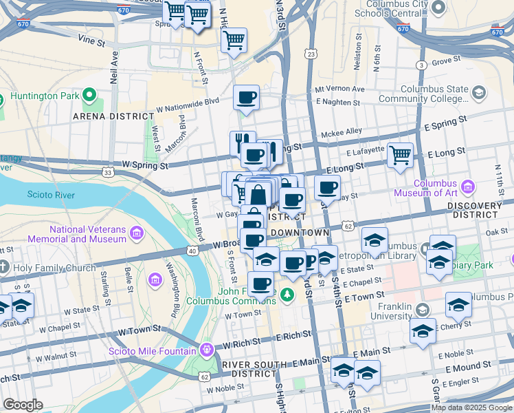 map of restaurants, bars, coffee shops, grocery stores, and more near in Columbus