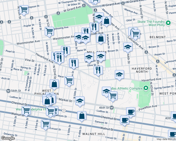 map of restaurants, bars, coffee shops, grocery stores, and more near 4900 Fairmount Avenue in Philadelphia