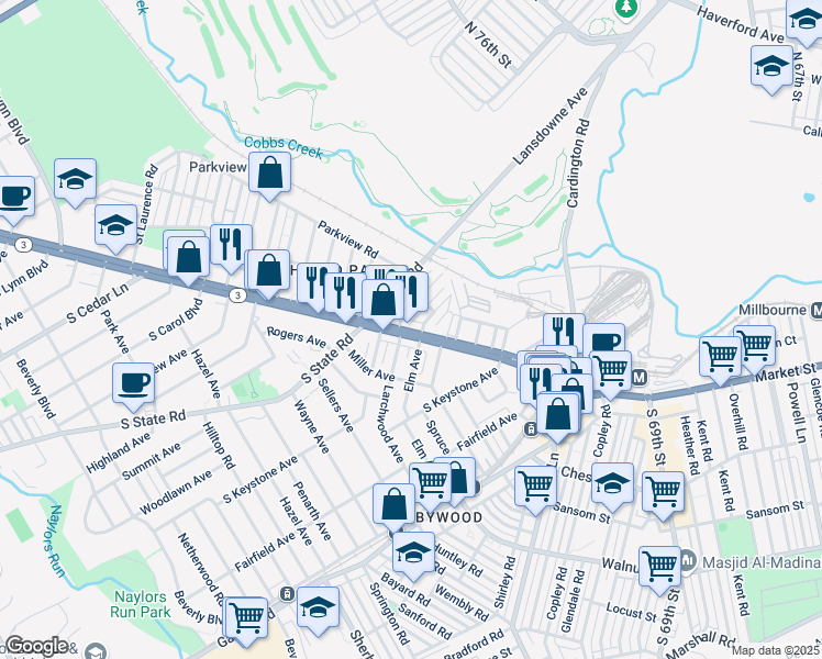 map of restaurants, bars, coffee shops, grocery stores, and more near 7331 West Chester Pike in Upper Darby