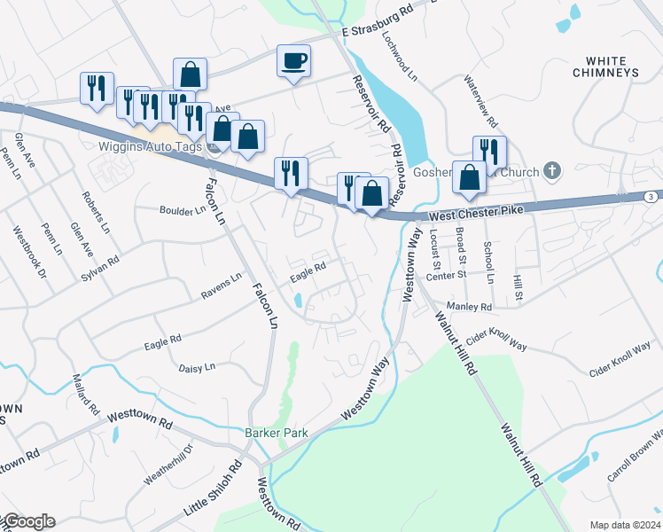 map of restaurants, bars, coffee shops, grocery stores, and more near 2902 Eagle Road in West Chester