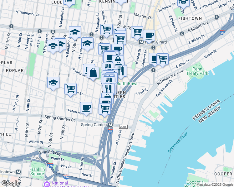 map of restaurants, bars, coffee shops, grocery stores, and more near 908 New Market Street in Philadelphia