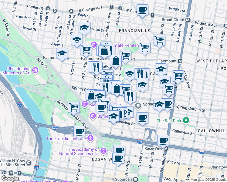 map of restaurants, bars, coffee shops, grocery stores, and more near 1915 Spring Garden Street in Philadelphia