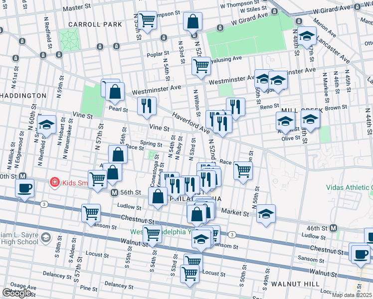 map of restaurants, bars, coffee shops, grocery stores, and more near 215 North Peach Street in Philadelphia