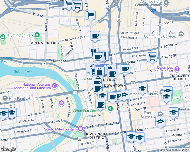 map of restaurants, bars, coffee shops, grocery stores, and more near 12 West Gay Street in Columbus