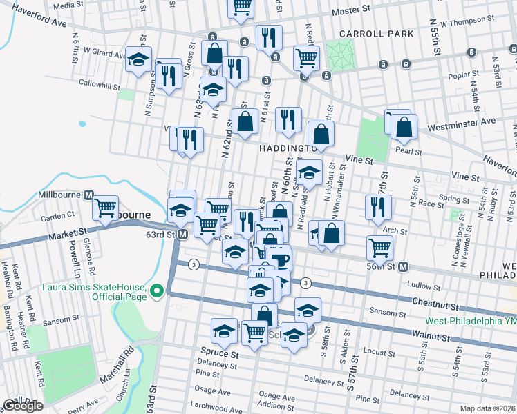 map of restaurants, bars, coffee shops, grocery stores, and more near 134 North Millick Street in Philadelphia