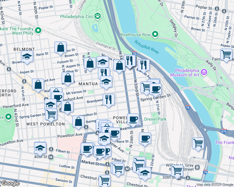 map of restaurants, bars, coffee shops, grocery stores, and more near 537 North 35th Street in Philadelphia