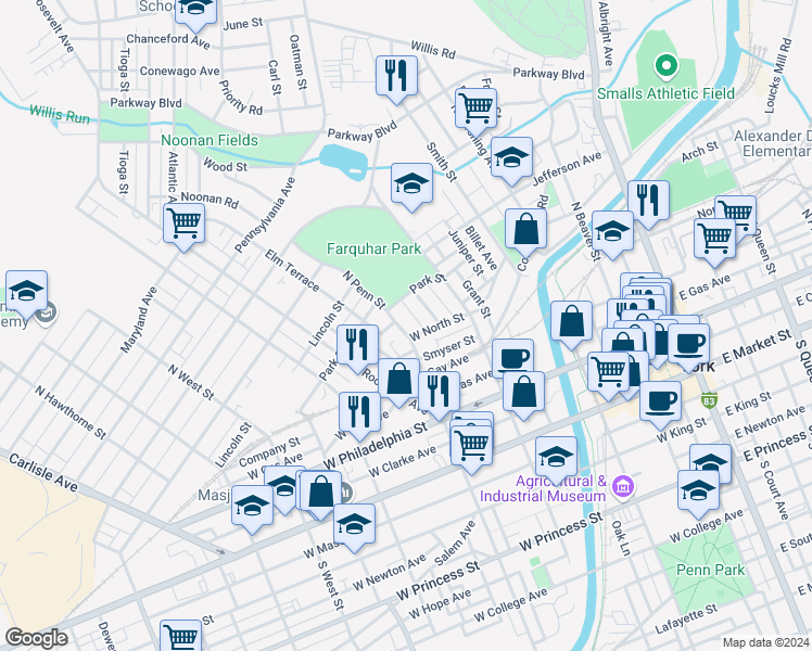 map of restaurants, bars, coffee shops, grocery stores, and more near 309 North Penn Street in York