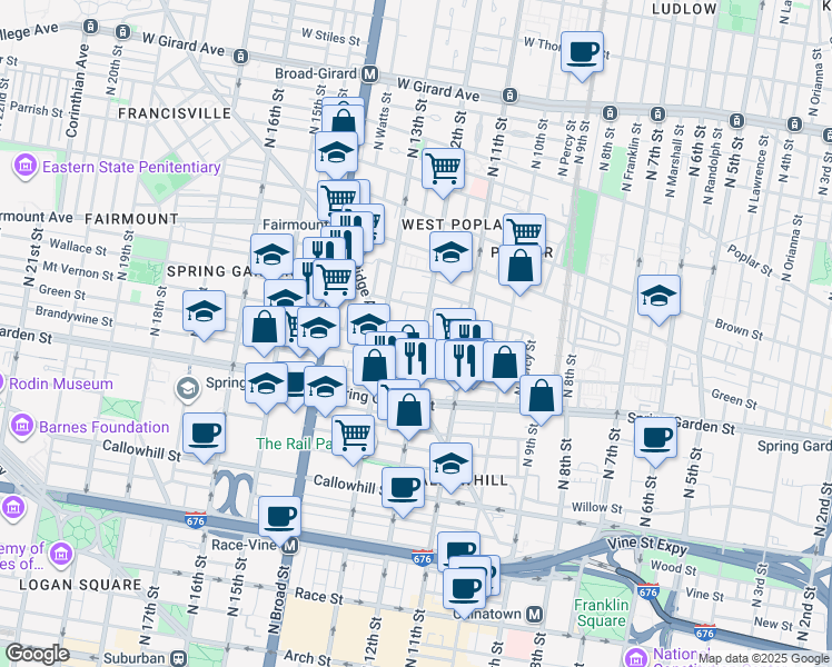 map of restaurants, bars, coffee shops, grocery stores, and more near 1204 Wallace Street in Philadelphia