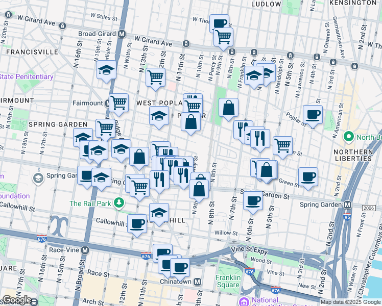 map of restaurants, bars, coffee shops, grocery stores, and more near 922 Wallace Street in Philadelphia