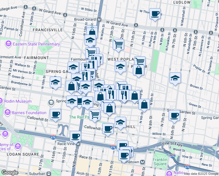 map of restaurants, bars, coffee shops, grocery stores, and more near 1213 Mount Vernon Street in Philadelphia