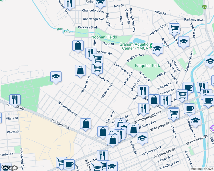 map of restaurants, bars, coffee shops, grocery stores, and more near 513 Madison Avenue in York